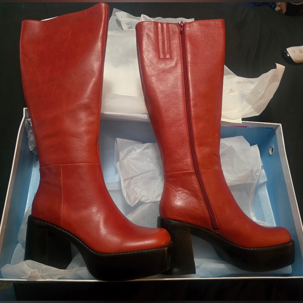 NEW Jeffrey Campbell Red Leather Knee-High Platform Boots